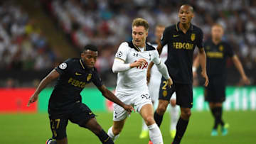 LONDON, ENGLAND - SEPTEMBER 14: Christian Eriksen of Tottenham Hotspur holds off Fabinho and Thomas Lemar of AS Monaco during the UEFA Champions League match between Tottenham Hotspur FC and AS Monaco FC at Wembley Stadium on September 14, 2016 in London, England. (Photo by Shaun Botterill/Getty Images)