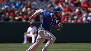 ANAHEIM, CALIFORNIA - MAY 19: Alex Gordon #4 of the Kansas City Royals runs back to second base in the sixth inning of the MLB game against the Los Angeles Angels at Angel Stadium of Anaheim on May 19, 2019 in Anaheim, California. The Royals defeated the Angels 5-1. (Photo by Victor Decolongon/Getty Images)