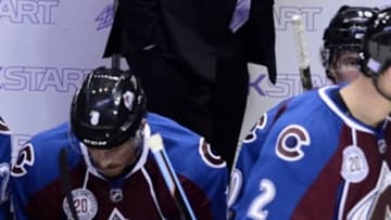 Nov 3, 2015; Denver, CO, USA; Colorado Avalanche head coach Patrick Roy reacts on the bench during a video goal review in the second period against the Calgary Flames at Pepsi Center. Mandatory Credit: Ron Chenoy-USA TODAY Sports