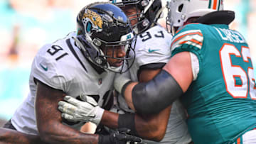 MIAMI, FL - DECEMBER 23: Yannick Ngakoue #91 of the Jacksonville Jaguars in action against the Miami Dolphins at Hard Rock Stadium on December 23, 2018 in Miami, Florida. (Photo by Mark Brown/Getty Images)