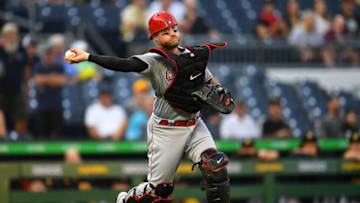PITTSBURGH, PA - SEPTEMBER 14: Tucker Barnhart #16 of the Cincinnati Reds in action during the game against the Pittsburgh Pirates at PNC Park on September 14, 2021 in Pittsburgh, Pennsylvania. (Photo by Joe Sargent/Getty Images)