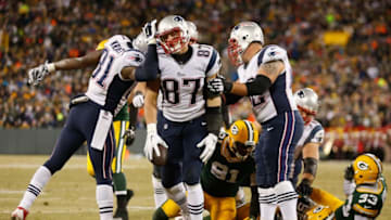 GREEN BAY, WI - NOVEMBER 30: Tight end Rob Gronkowski #87 of the New England Patriots reacts after a first down reception against the Green Bay Packers during the second quarter of the NFL game at Lambeau Field on November 30, 2014 in Green Bay, Wisconsin. The Packers defeated the Patriots 26-21. (Photo by Christian Petersen/Getty Images)