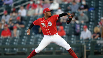 Mar 2, 2021; Goodyear, Arizona, USA; Cincinnati Reds pitcher Hunter Greene pitches against the Los Angeles Angels during the first inning of a spring training game at Goodyear Ballpark. Mandatory Credit: Joe Camporeale-USA TODAY Sports