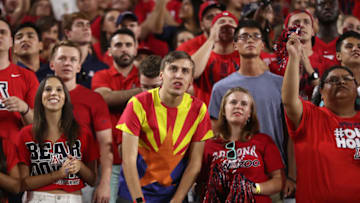 GLENDALE, AZ - SEPTEMBER 03: Fans of the Arizona Wildcats react during the college football game against the Brigham Young Cougars at University of Phoenix Stadium on September 3, 2016 in Glendale, Arizona. The Cougars defeated the Wildcats 18-16. (Photo by Christian Petersen/Getty Images)