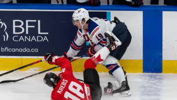 EDMONTON, AB - JANUARY 05: Peyton Krebs #18 of Canada skates against Patrick Moynihan #19 of the United States during the 2021 IIHF World Junior Championship gold medal game at Rogers Place on January 5, 2021 in Edmonton, Canada. (Photo by Codie McLachlan/Getty Images)