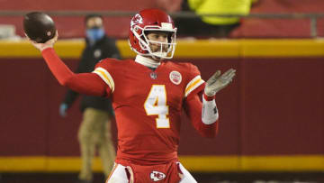 Jan 3, 2021; Kansas City, Missouri, USA; Kansas City Chiefs quarterback Chad Henne (4) throws a pass against the Los Angeles Chargers during the second half at Arrowhead Stadium. Mandatory Credit: Jay Biggerstaff-USA TODAY Sports
