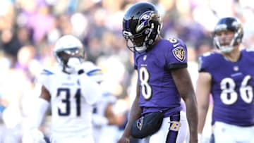 BALTIMORE, MARYLAND - JANUARY 06: Lamar Jackson #8 of the Baltimore Ravens reacts after a play against the Los Angeles Chargers during the third quarter in the AFC Wild Card Playoff game at M&T Bank Stadium on January 06, 2019 in Baltimore, Maryland. (Photo by Patrick Smith/Getty Images)