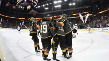 LAS VEGAS, NEVADA - DECEMBER 31: Reilly Smith #19 of the Vegas Golden Knights celebrates after scoring a goal during the second period against the Anaheim Ducks at T-Mobile Arena on December 31, 2019 in Las Vegas, Nevada. (Photo by Jeff Bottari/NHLI via Getty Images)