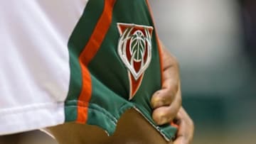 Apr 5, 2014; Milwaukee, WI, USA; The Milwaukee Bucks logo on a players shorts during the game against the Toronto Raptors at BMO Harris Bradley Center. Toronto won 102-98. Mandatory Credit: Jeff Hanisch-USA TODAY Sports