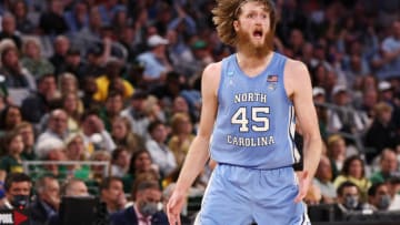 FORT WORTH, TEXAS - MARCH 19: Brady Manek #45 of the North Carolina Tar Heels reacts in the second half of the game against the Baylor Bears during the second round of the 2022 NCAA Men's Basketball Tournament at Dickies Arena on March 19, 2022 in Fort Worth, Texas. (Photo by Tom Pennington/Getty Images)