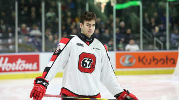 LONDON, ON - JANUARY 12: Kevin Bahl #88 of the Ottawa 67s waits as he gets ready for the start of the game prior to OHL game action against the London Knights at Budweiser Gardens on January 12, 2019 in London, Canada. (Photo by Tom Szczerbowski/Getty Images)