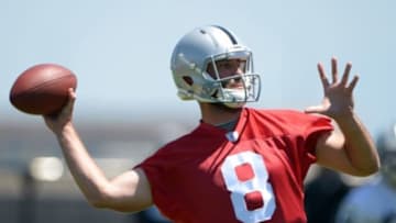 Jun 17, 2014; Alameda, CA, USA; Oakland Raiders quarterback Matt Schaub (8) throws a pass at minicamp at Raiders Practice Facility. Mandatory Credit: Kirby Lee-USA TODAY Sports