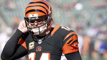 Nov 20, 2016; Cincinnati, OH, USA; Cincinnati Bengals quarterback Andy Dalton walks off the field after warming up at the beginning of a game with the Buffalo Bills at Paul Brown Stadium. Mandatory Credit: David Kohl-USA TODAY Sports