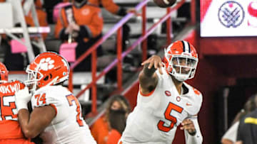 Clemson quarterback D.J. Uiagalelei (5) passes during the second quarter at the Carrier Dome in Syracuse, New York, Friday, October 15, 2021.Ncaa Football Clemson At Syracuse
