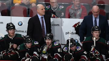 GLENDALE, ARIZONA - FEBRUARY 22: Head coach Rick Tocchet of the Arizona Coyotes watches from the bench during the third period of the NHL game against the Tampa Bay Lightning at Gila River Arena on February 22, 2020 in Glendale, Arizona. The Coyotes defeated the Lightning 7-3. (Photo by Christian Petersen/Getty Images)