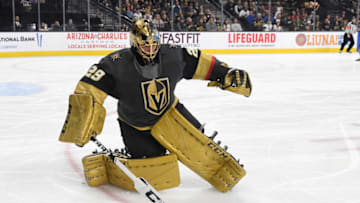 Marc-Andre Fleury #29 of the Vegas Golden Knights comes out of the crease to clear the puck. (Photo by Ethan Miller/Getty Images)