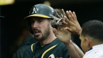 DETROIT, MI - JUNE 27: Matt Joyce #23 of the Oakland Athletics celebrates after scoring against the Detroit Tigers on a hit by Jed Lowrie during the fourth inning at Comerica Park on June 27, 2018 in Detroit, Michigan. (Photo by Duane Burleson/Getty Images)