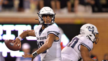 WINSTON SALEM, NORTH CAROLINA - AUGUST 30: Jordan Love #10 of the Utah State Aggies against the Wake Forest Demon Deacons during their game at BB&T Field on August 30, 2019 in Winston Salem, North Carolina. Wake Forest won 38-35. (Photo by Grant Halverson/Getty Images)