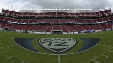 Dec 5, 2014; Santa Clara, CA, USA; General view of the Pac-12 logo at midfield of Levi