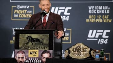 December 12, 2015; Las Vegas, NV, USA; Conor McGregor speaks following his victory against Jose Aldo UFC 194 press conference at MGM Grand Garden Arena. Mandatory Credit: Gary A. Vasquez-USA TODAY Sports