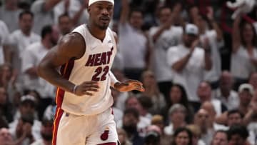 Miami Heat forward Jimmy Butler (22) reacts after scoring against the Atlanta Hawks( Jasen Vinlove-USA TODAY Sports)