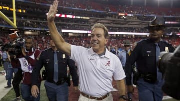 Dec 5, 2015; Atlanta, GA, USA; Alabama Crimson Tide head coach Nick Saban celebrates his 29-15 victory over the Florida Gators in the 2015 SEC Championship Game at the Georgia Dome. Mandatory Credit: Butch Dill-USA TODAY Sports