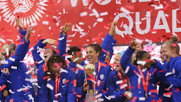 CARSON, CA - FEBRUARY 09: Captain Carli Lloyd (C) #10 of USA holds the trophy and celebrates with his teammates after wining the Final game between Canada and United States as part of the 2020 CONCACAF Women's Olympic Qualifying at Dignity Health Sports Park on February 9, 2020 in Carson, California. (Photo by Omar Vega/Getty Images)