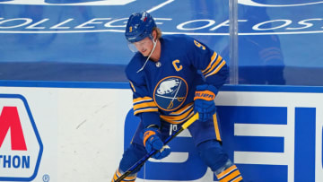 BUFFALO, NY - JANUARY 14: Jack Eichel #9 of the Buffalo Sabres before the game against the Washington Capitals at KeyBank Center on January 14 , 2021 in Buffalo, New York. (Photo by Kevin Hoffman/Getty Images)