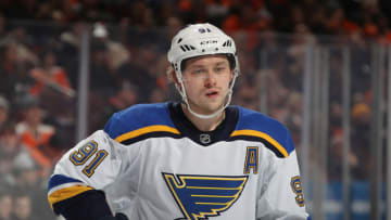 PHILADELPHIA, PENNSYLVANIA - JANUARY 07: Vladimir Tarasenko #91 of the St. Louis Blues skates against the Philadelphia Flyers at the Wells Fargo Center on January 07, 2019 in Philadelphia, Pennsylvania. The Blues shut-out the Flyers 3-0. (Photo by Bruce Bennett/Getty Images)