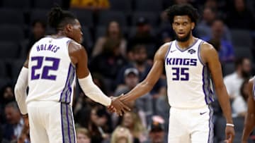 SACRAMENTO, CALIFORNIA - OCTOBER 16: Marvin Bagley III #35 of the Sacramento Kings is congratulated by Richaun Holmes #22 after he scored against the Melbourne United at Golden 1 Center on October 16, 2019 in Sacramento, California. NOTE TO USER: User expressly acknowledges and agrees that, by downloading and or using this photograph, User is consenting to the terms and conditions of the Getty Images License Agreement. (Photo by Ezra Shaw/Getty Images)