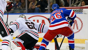 NEW YORK, NY - JANUARY 17: New York Rangers Right Wing Mats Zuccarello (36) scores a goal during the first period of the National Hockey League game between the Chicago Blackhawks and the New York Rangers on January 17, 2019 at Madison Square Garden in New York, NY. (Photo by Joshua Sarner/Icon Sportswire via Getty Images)