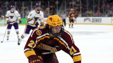 BOSTON, MASSACHUSETTS - APRIL 07: Grant Cruikshank #21 of the Minnesota Gophers skates against the Minnesota State Mavericks during the second period of the Frozen Four semifinal at TD Garden on April 07, 2022 in Boston, Massachusetts. (Photo by Maddie Meyer/Getty Images)