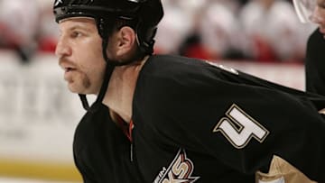 ANAHEIM, CA - JANUARY 17: Nick Boynton #4 of the Anaheim Ducks waits on the ice during a face off against the Calgary Flames during the game on January 17, 2010 at Honda Center in Anaheim, California. (Photo by Debora Robinson/NHLI via Getty Images)