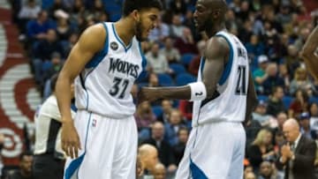 Dec 1, 2015; Minneapolis, MN, USA; Minnesota Timberwolves forward Kevin Garnett (21) and center Karl-Anthony Towns (32) against the Orlando Magic at Target Center. The Magic defeated the Timberwolves 96-93. Mandatory Credit: Brace Hemmelgarn-USA TODAY Sports