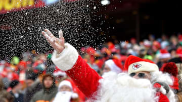 Santa Claus (Mitch Peters from Fayette, Mo.) spreads the Christmas Eve snow around during Sunday's football game between the Kansas City Chiefs and Miami Dolphins Dec. 24, 2017 at Arrowhead Stadium in Kansas City, Mo. The Chiefs won, 29-13. (John Sleezer/Kansas City Star/TNS via Getty Images)