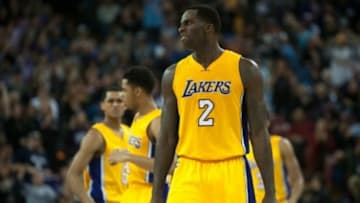 Jan 7, 2016; Sacramento, CA, USA; Los Angeles Lakers forward Brandon Bass (2) reacts to a call during the fourth quarter of the game against the Sacramento Kings at Sleep Train Arena. The Sacramento Kings defeated the Los Angeles Lakers 118-115. Mandatory Credit: Ed Szczepanski-USA TODAY Sports