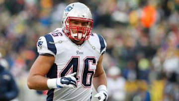 Nov 30, 2014; Green Bay, WI, USA; New England Patriots fullback James Develin (46) before the game against the Green Bay Packers at Lambeau Field. Mandatory Credit: Chris Humphreys-USA TODAY Sports