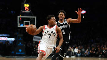 NEW YORK, NY - JANUARY 08: Kyle Lowry #7 of the Toronto Raptors drives against Spencer Dinwiddie #8 of the Brooklyn Nets during their game at Barclays Center on January 8, 2018 in New York City. (Photo by Al Bello/Getty Images)
