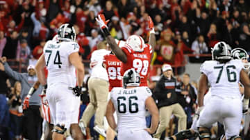 Nov 7, 2015; Lincoln, NE, USA; Nebraska Cornhuskers defensive tackle Vincent Valentine (98) celebrates as the clock runs down against the Michigan State Spartans at Memorial Stadium. The Cornhuskers won 39-38. Mandatory Credit: Steven Branscombe-USA TODAY Sports