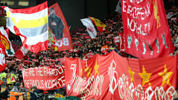 LIVERPOOL, ENGLAND - DECEMBER 04: Liverpool fans show their support during the Premier League match between Liverpool FC and Everton FC at Anfield on December 04, 2019 in Liverpool, United Kingdom. (Photo by Clive Brunskill/Getty Images)