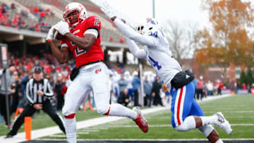 BOWLING GREEN, KY - DECEMBER 03: Taywan Taylor #2 of the Western Kentucky Hilltoppers catches the ball in the end zone for a touchdown as L'Jarius Sneed #24 of the Louisiana Tech Bulldogs defends at Houchens-Smith Stadium on December 3, 2016 in Champaign, Illinois. (Photo by Michael Hickey/Getty Images)
