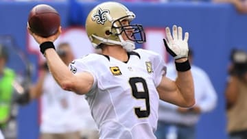 Sep 18, 2016; East Rutherford, NJ, USA; New Orleans Saints quarterback Drew Brees (9) fourth quarter against the New York Giants at MetLife Stadium. Mandatory Credit: Robert Deutsch-USA TODAY Sports