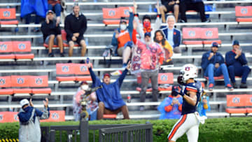 Oct 10, 2020; Auburn, Alabama, USA; Auburn Tigers wide receiver Anthony Schwartz (1) scores a touchdown against the Arkansas Razorbacks during the fourth quarter at Jordan-Hare Stadium. Mandatory Credit: John David Mercer-USA TODAY Sports