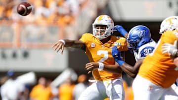 KNOXVILLE, TENNESSEE - AUGUST 31: Jarrett Guarantano #2 of Tennessee Volunteers throws a pass against Georgia State Panthers during the first quarter of the season opener at Neyland Stadium on August 31, 2019 in Knoxville, Tennessee. (Photo by Silas Walker/Getty Images)