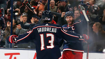 Nov 28, 2022; Columbus, Ohio, USA; Columbus Blue Jackets center Boone Jenner (38) celebrates his goal against the Vegas Golden Knights during the third period at Nationwide Arena. Mandatory Credit: Russell LaBounty-USA TODAY Sports