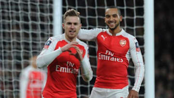 LONDON, ENGLAND - JANUARY 09: (L) Aaron Ramsey celebrates scoring the 2nd Arsenal goal with (R) Theo Walcott during the Emirates FA Cup Third Round match between Arsenal and Sunderland at Emirates Stadium on January 9, 2016 in London, England. (Photo by Stuart MacFarlane/Arsenal FC via Getty Images)