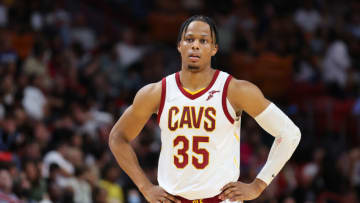 Isaac Okoro, Cleveland Cavaliers, looking at this trade idea with disgust. Photo by Michael Reaves/Getty Images