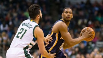 Apr 13, 2016; Milwaukee, WI, USA; Indiana Pacers guard Glenn Robinson III (40) during the game against the Milwaukee Bucks at BMO Harris Bradley Center. Indiana won 97-92. Mandatory Credit: Jeff Hanisch-USA TODAY Sports
