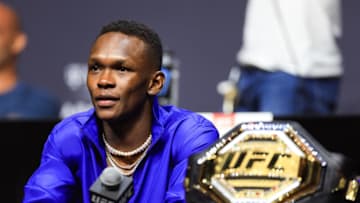 LAS VEGAS, NEVADA - JUNE 30: Israel Adesanya participates in a press conference at T-Mobile Arena on June 30, 2022 in Las Vegas, Nevada. (Photo by Carmen Mandato/Getty Images)
