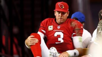 Nov 9, 2014; Glendale, AZ, USA; Arizona Cardinals quarterback Carson Palmer reacts as he is taken off the field on a cart after suffering an injury in the second half against the St. Louis Rams at University of Phoenix Stadium. The Cardinals defeated the Rams 31-14. Mandatory Credit: Mark J. Rebilas-USA TODAY Sports